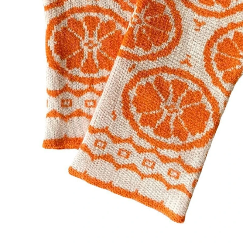 

Orange Pattern Knitted Women Gloves Winter Half Finger Thicken Warm Christmas Presents Gloves for Couple Girlfriend