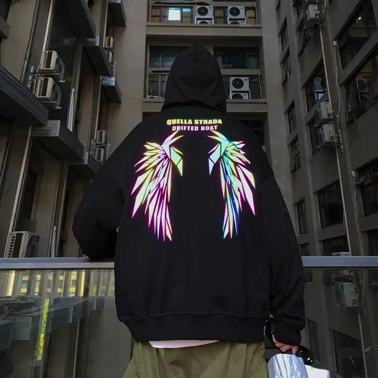 

The new colorful reflective wings hooded sweater men's Korean loose and versatile outer wear autumn winter models swag velvet