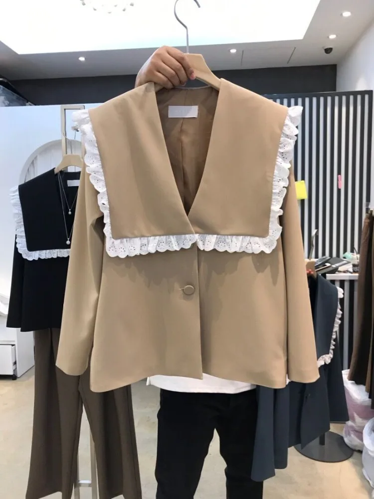 

UNXX Women Office Wear Jackets Ruffles Sweet Chic 2023 Spring Autumn Sailor Collar Fashion Gentle Blazer Short Jacket Women Y2k
