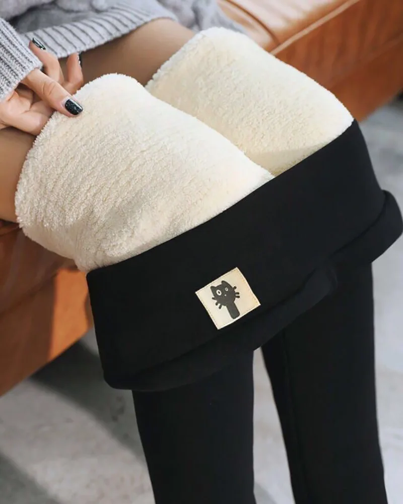 

Women Pants Slim And Fleece Cat Print High Waisted Warm Polar Fleece Lining Warm Slim Autumn And Black Winter Stretch Leggings