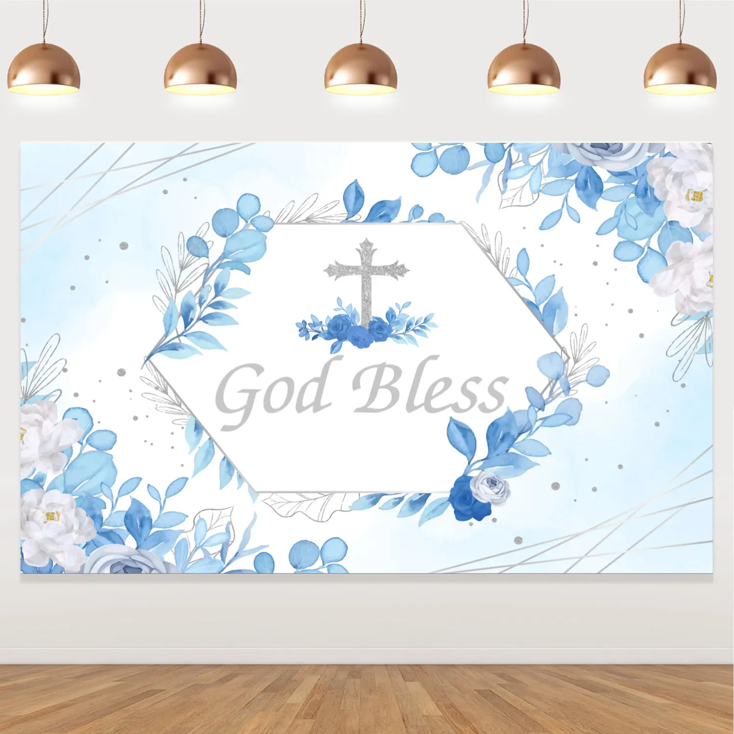 

Baptism Party Decoration God Bless Cross Backdrop Blue Baby Shower First Holy Communion Christening Banner Photography Backdrop
