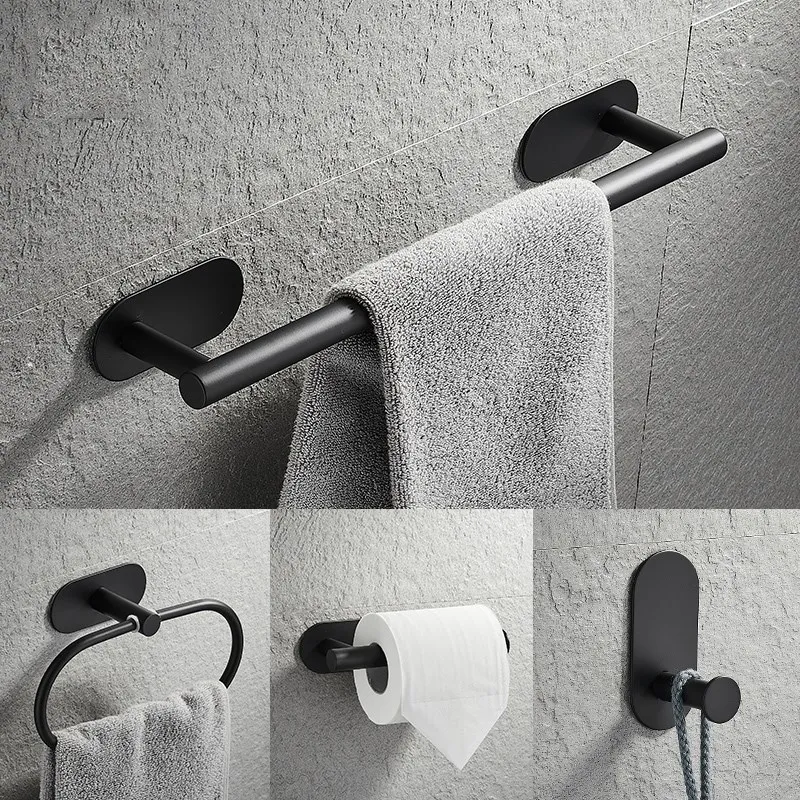 

Toilet Tissue Roll Paper Holder No Drilling Black Bathroom Accessories Sets Towel Rack Bar Rail Ring Robe Clothes Hook Hardware
