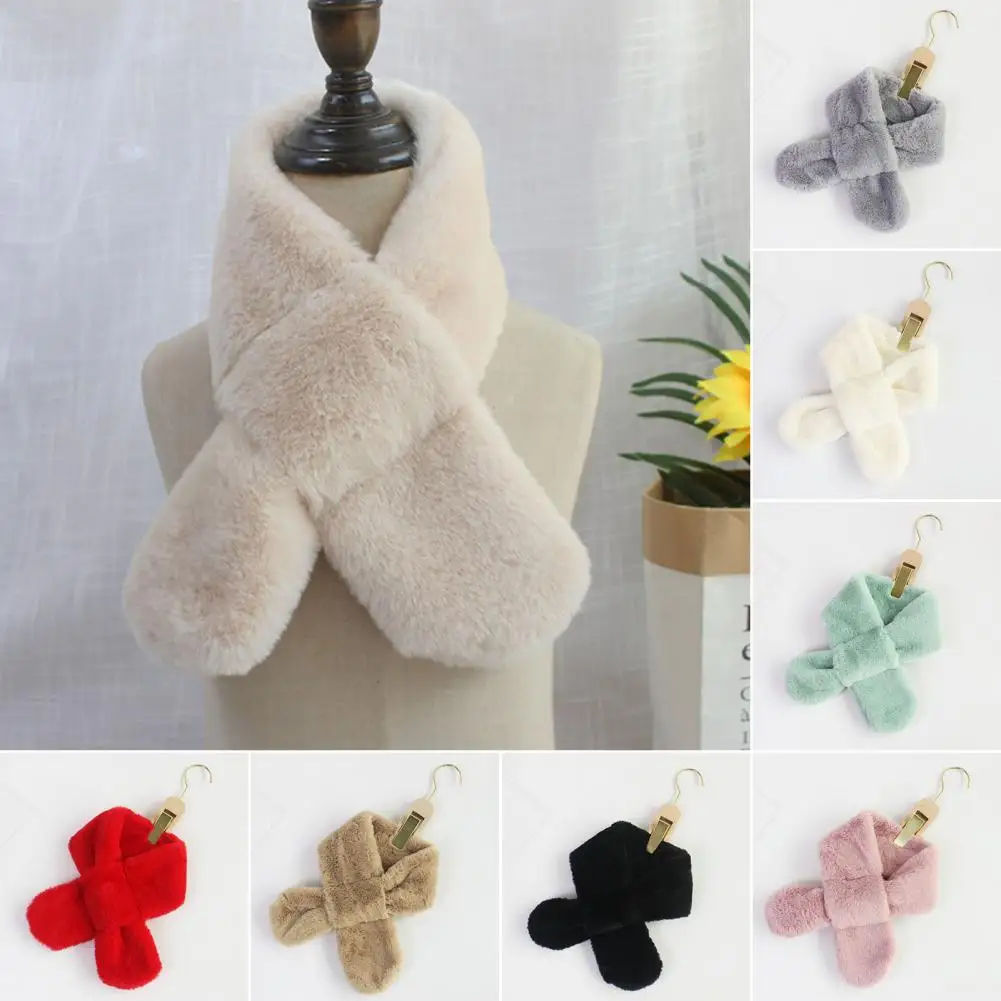 

Trendy Children Scarf Soft Furry Scarf Wrap Solid Color Winter Thickened Faux Rabbit Fur Plush Cross Scarf Anti-freeze