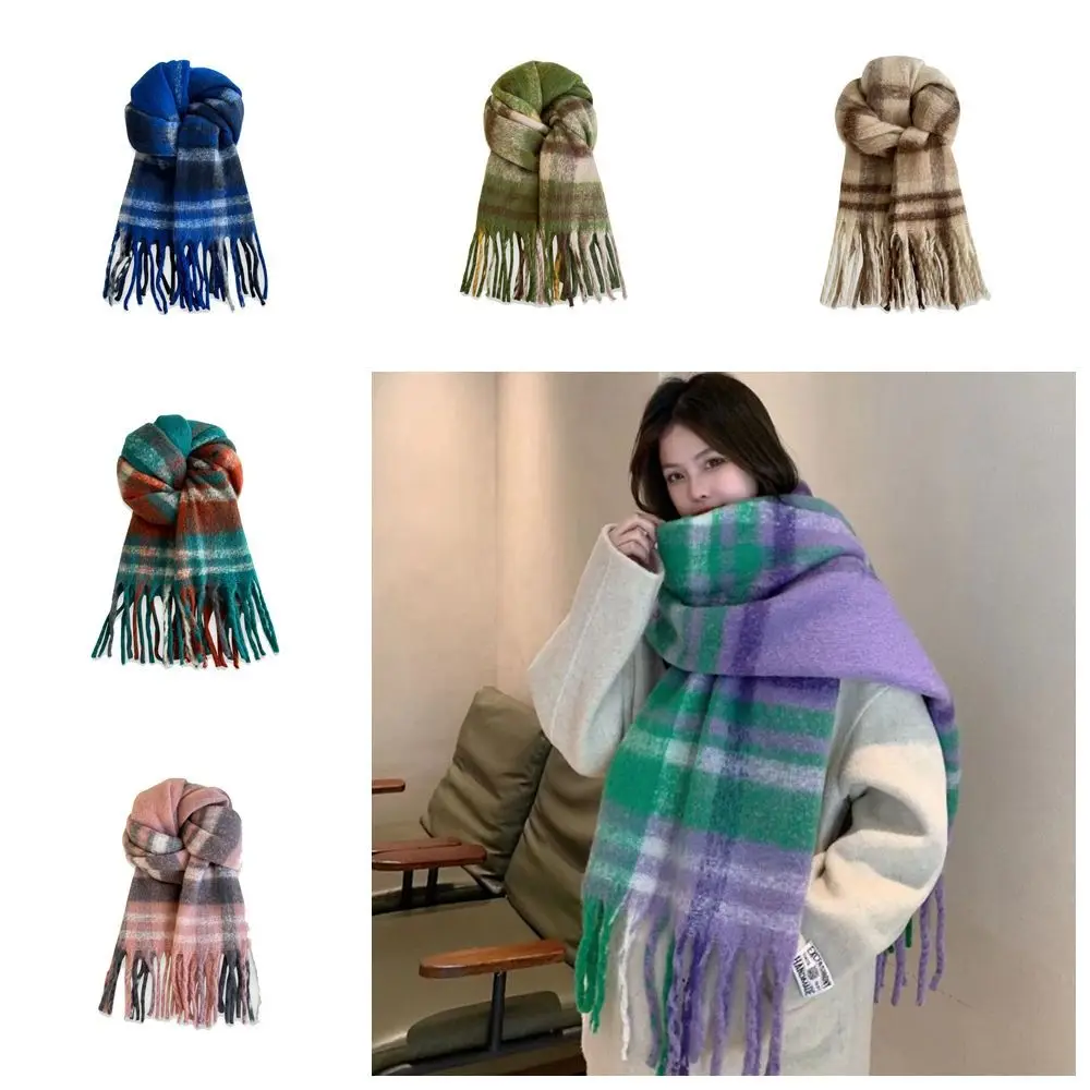 Простой клетчатый шерстяной шарф с кисточками плюшевая кашемировая шаль длинная