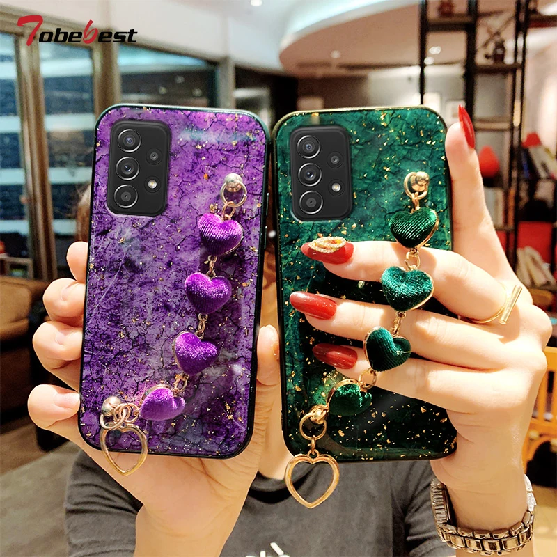 

Роскошный чехол для телефона с любовным браслетом для Samsung Galaxy A13, A33, A53, A73, M52, искусственная кожа, Золотая фольга, цепочка, чехол на запястье