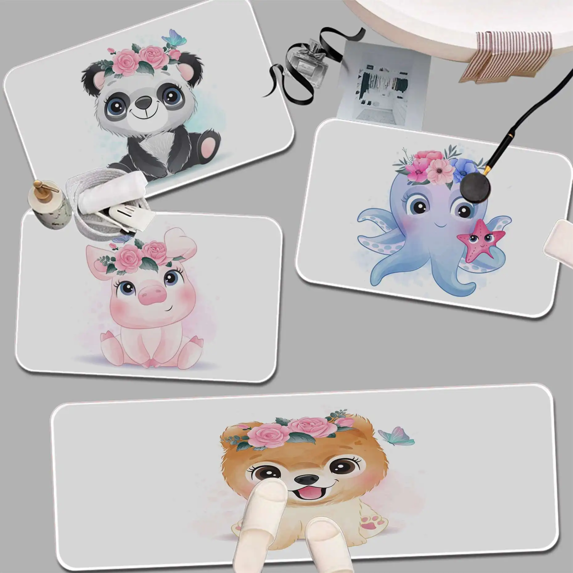 

Kawaii Animal Printed Flannel Floor Mat Bathroom Decor Carpet Non-Slip For Living Room Kitchen Welcome Doormat