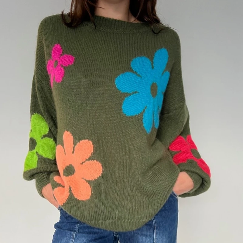 Женский вязаный свитер свободного покроя с длинным рукавом и круглым вырезом