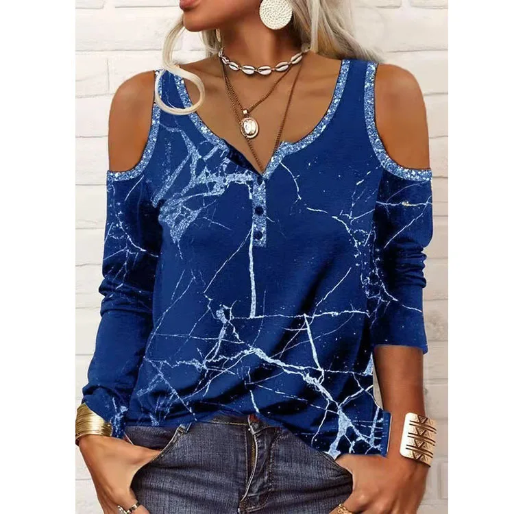 

Autumn and Winter New Women's Popular Top Print Off Shoulder Long Sleeve T-shirt Female Spring Casual Office Tops