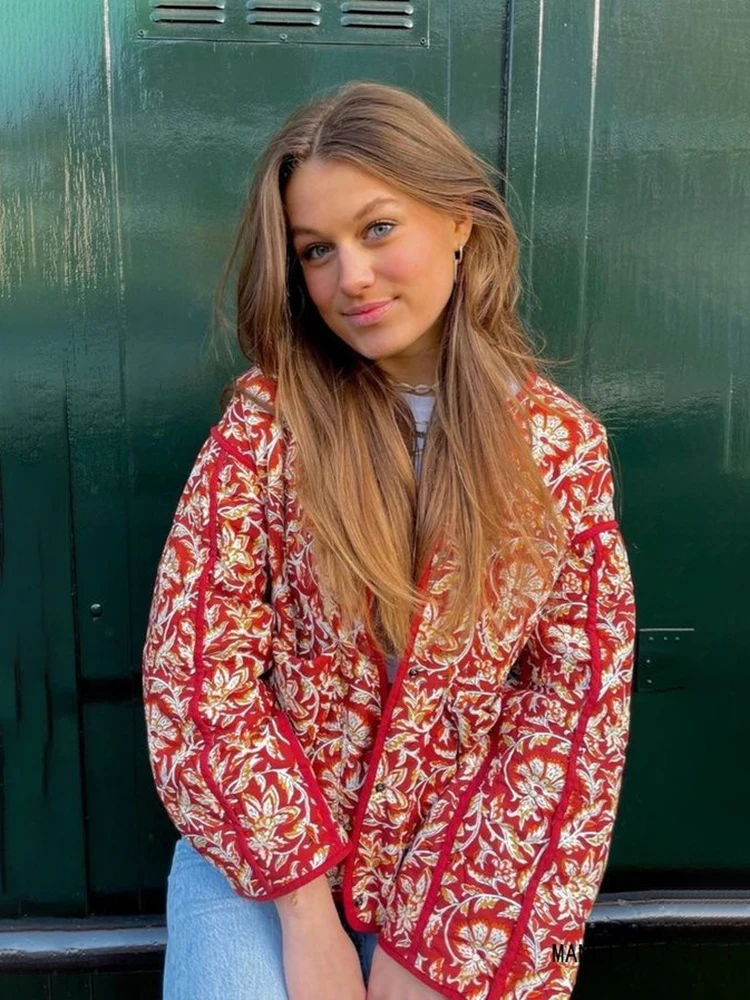 

Floral Printed Women Jacket O Neck Long Sleeve With Snap Button Womens Cotton Coats Streetwear Fashion Jackets Female Chic Tops