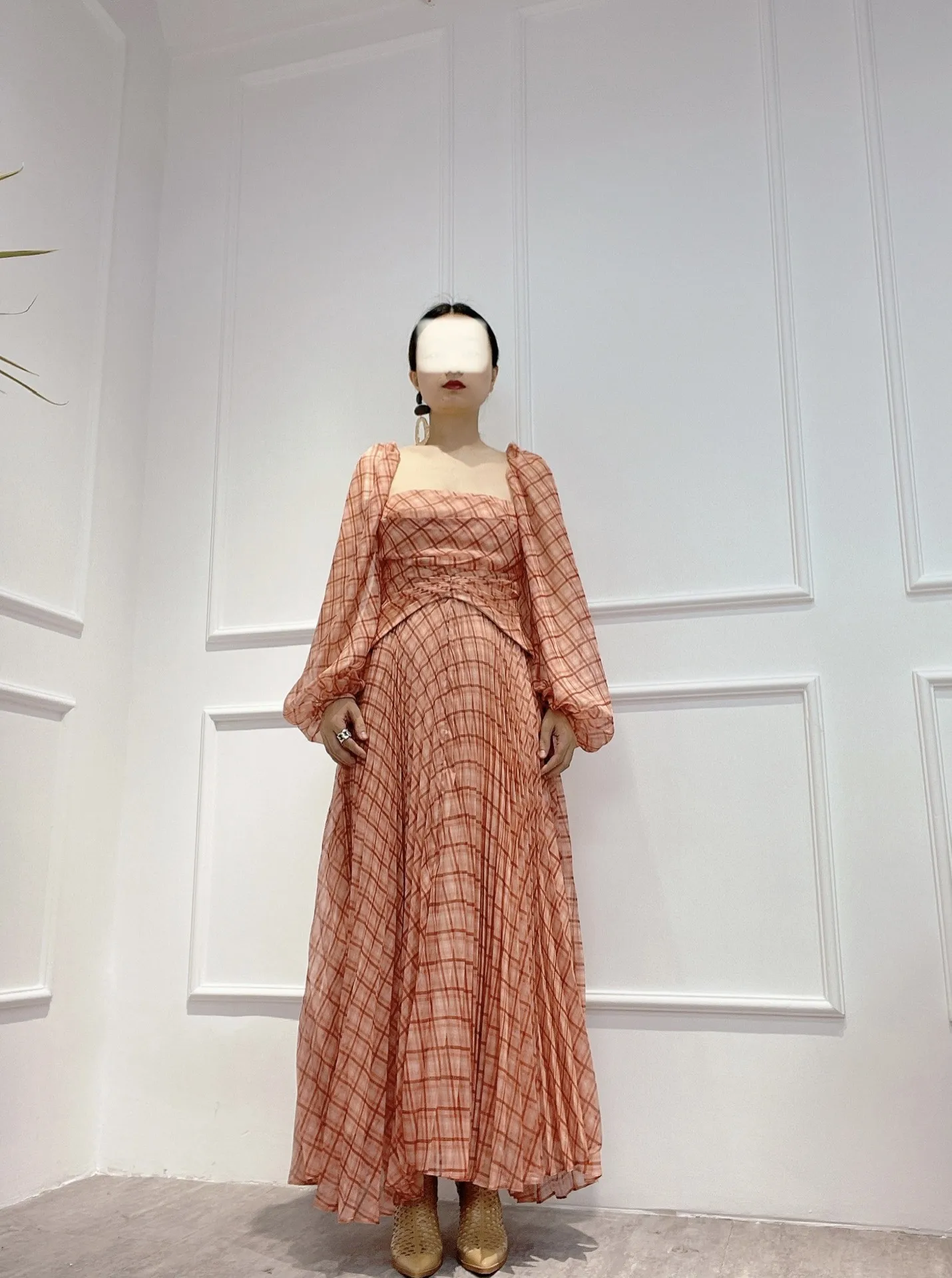 

2022 Summer Graceful Lady Full Lantern Sleeve Square Collar Plaid Printing High Quality Pink Mid-Calf Dress