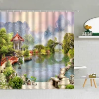 shanting lake scape shower curtain chinese garden plants flower forest tree tower bathroom waterproof with hooks bath curtains