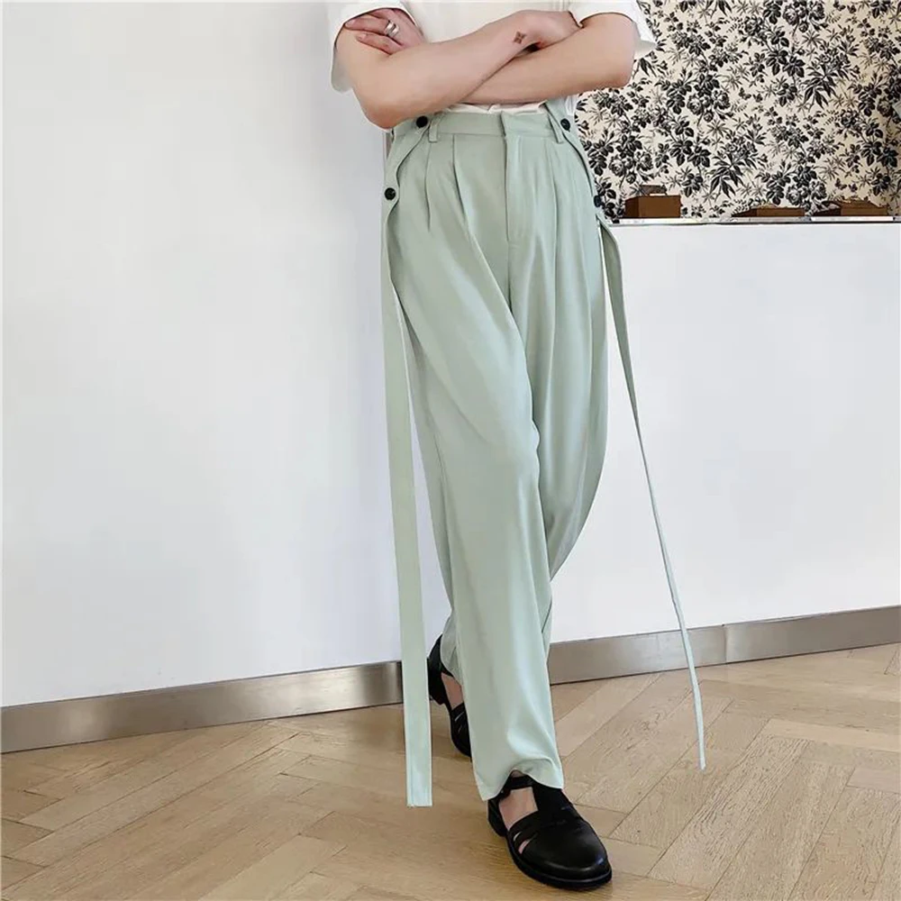 Men Ribbon Suit Pant Men Casual Trousers Men Loose Straight Ancle-length Streetwear Retro Solid Button Wide led