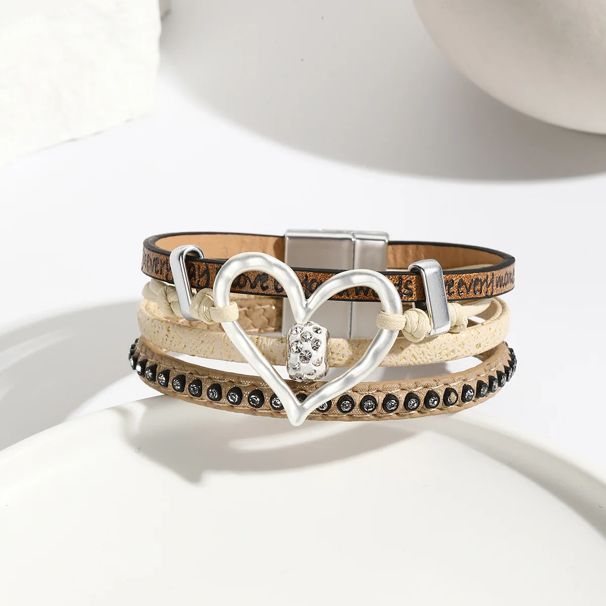 

ALLYES Vintage Hollow Love Heart Braided Leather Bracelet for Women Boho Inlaid Rhinestone Multilayer Wrap Bracelet Jewelry Gift