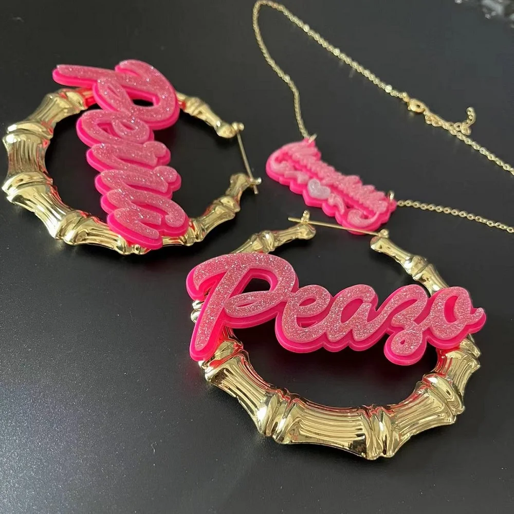 Sexy Hip Hop Acrylic Color Custom Name Earrings Necklace Personalized Name Bamboo Hoop Earring For Women Jewerlry Girls Gifts