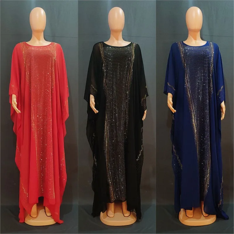 Abaya Muslim Loose Hot Diamond Chiffon Long Dress Ankara Robes Dashiki Party African Dresses For Women Two Piece Muslim Set Fall