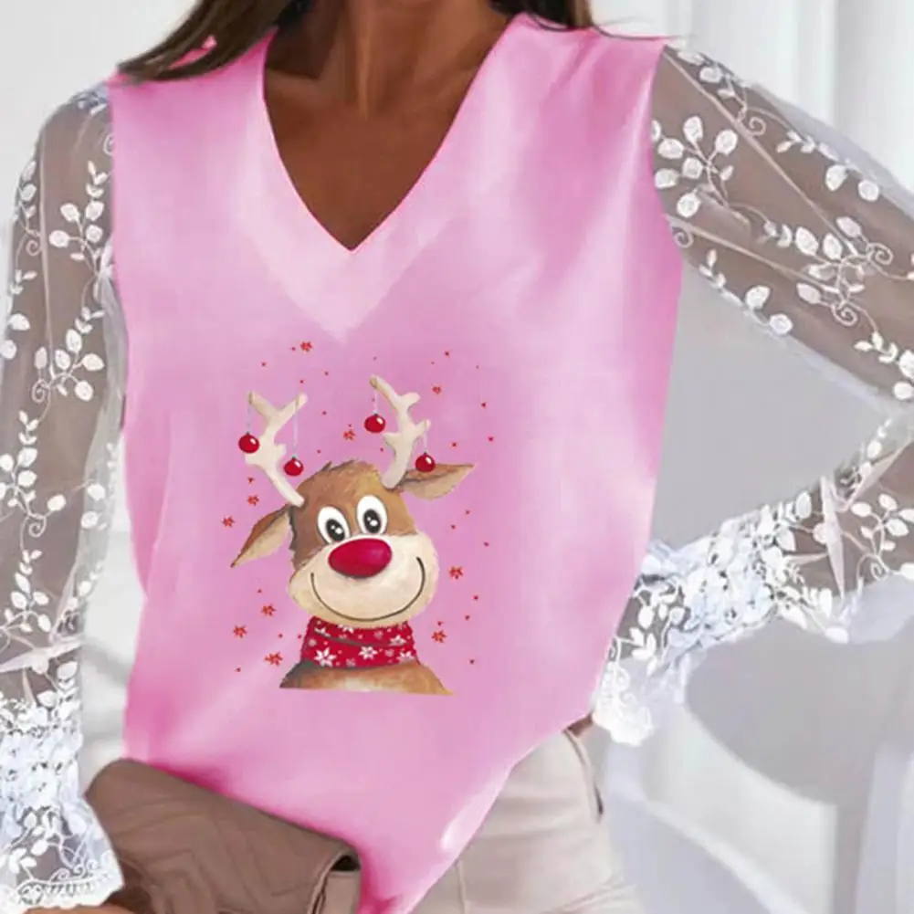 

Classic Autumn T-shirt Skin-Touch Pullover Top Lace Stitching Xmas Cute Strawberry Elk Pattern Tee Shirt Loose Fit