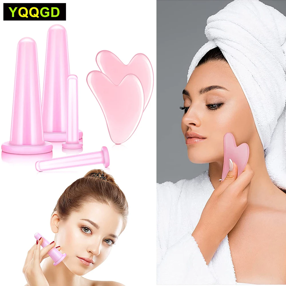 6Pcs/Set Facial Cupping Chinese Silicone Massage Cup Vacuum Suction Cupping Cup Guasha Tool + Heart Shape Guasha Scraping Board