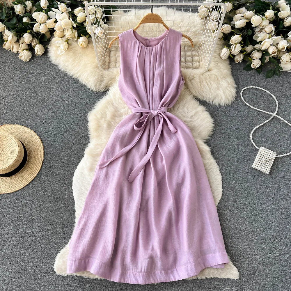 

New Vacation Wind Thin Round Neck Sleeveless Satin Undershirt Waist Tie Fairy Dresses Women