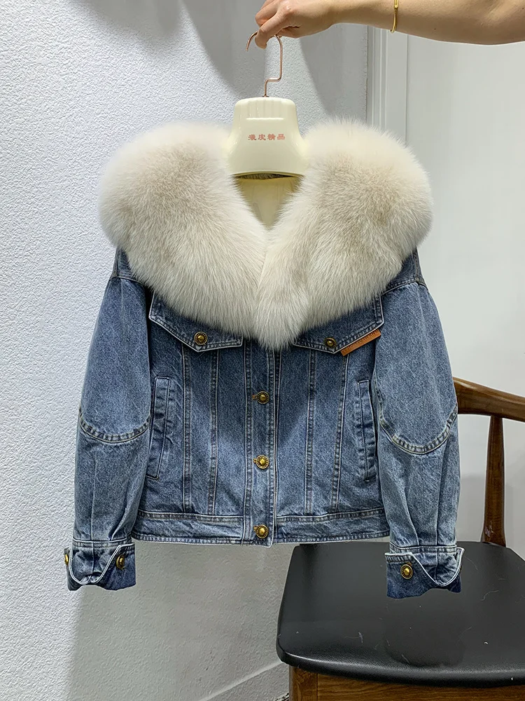 

Whole leather big fur collar fur coat 2022 autumn and winter new female down jacket denim overcome young style