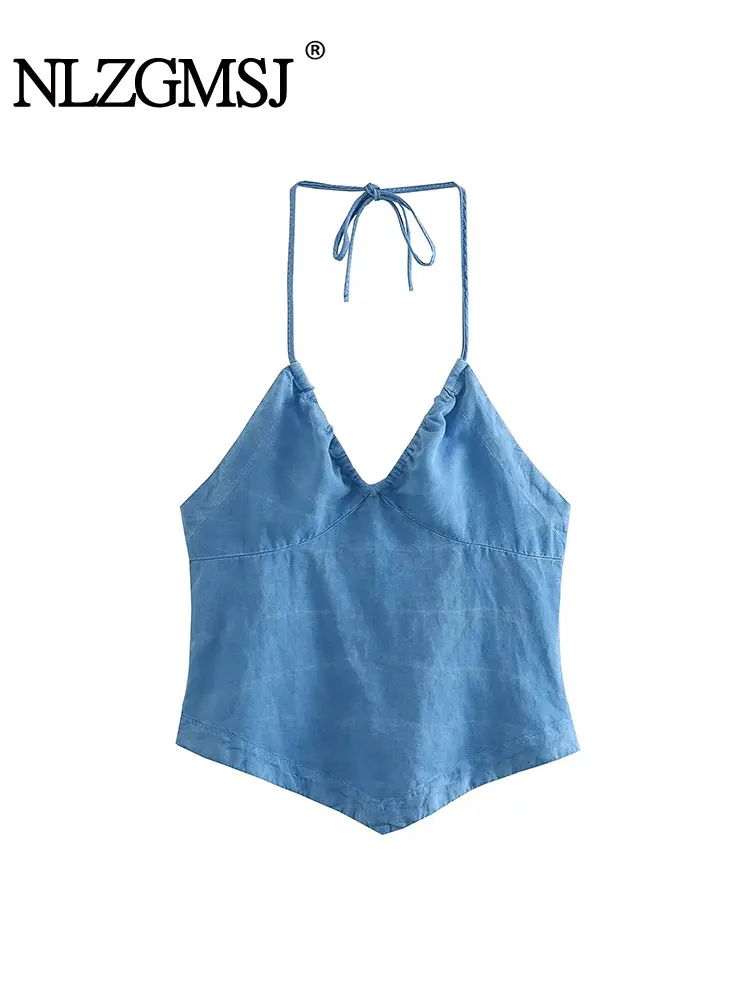 

Nlzgmsj TRAF 2023 Spice Girl Style Woman Short Sling Tops Sleeveless Off Shoulder Vintage Halterneck Summer Slim Sexy Tops