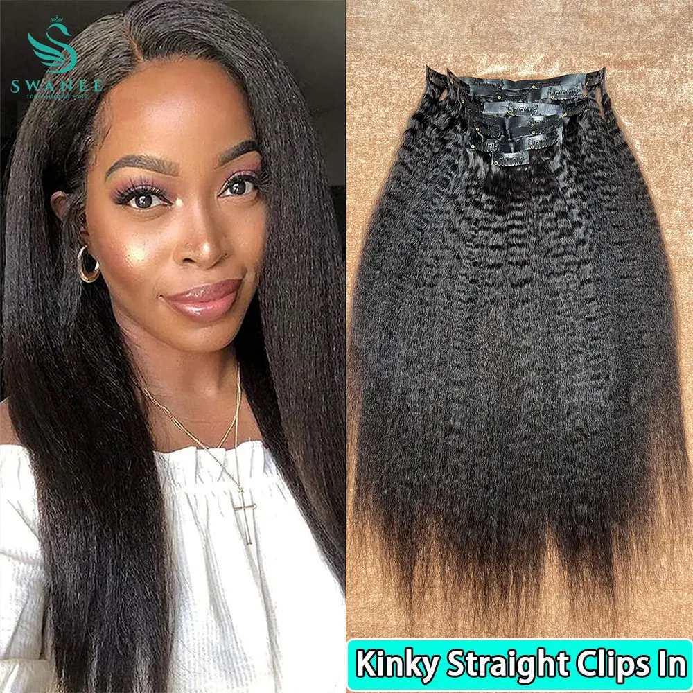 Фото Накладные прямые волосы Kinky Straight из 100% натуральных человеческих волос, натуральный цвет, 100 г, 7 шт./набор, для полной прически, для чернокожих женщин. №2