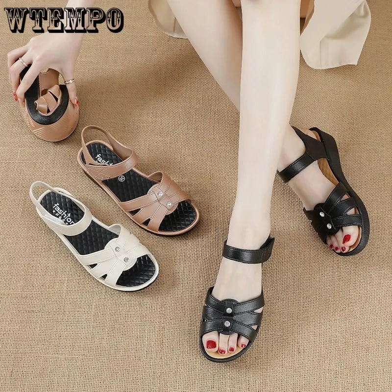 WTEMPO Summer Mother Leather Sandals Large Size Soft Soled Style Woman Sandals Casual Comfortable Grandmother Flat Sandals