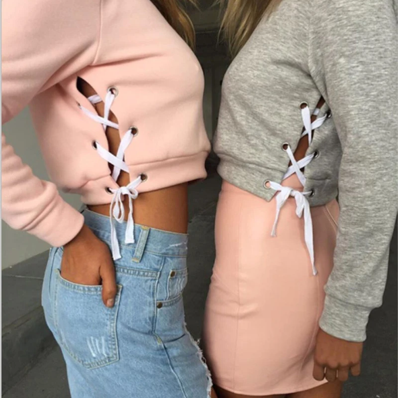 

Spring Autumn Women Sexy Slit Lacing Pullover Jumper Hoody Solid Long Sleeve Crop Top Blouse Sweatshirt Ropa Mujer