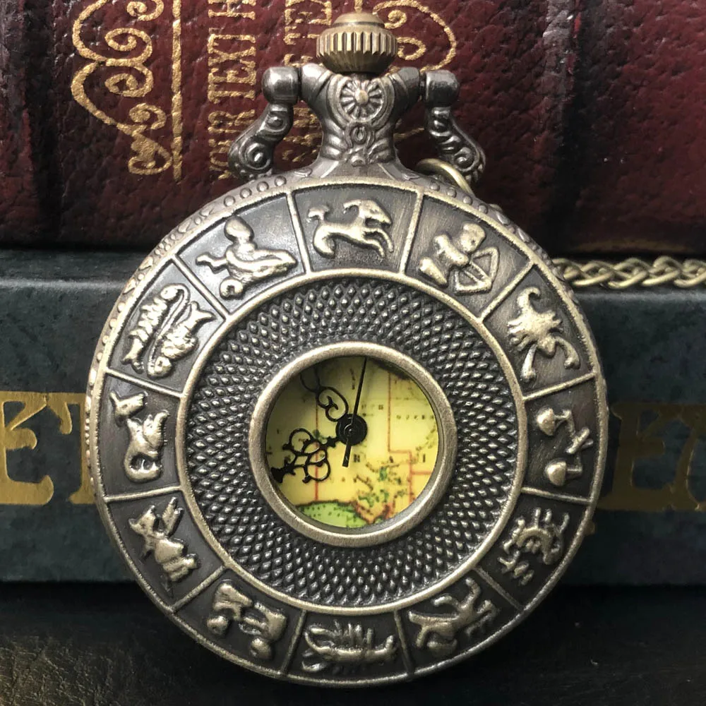 

Australia Map Retro Bronze Zodiac Constellation Case Hollow Necklace Pocket Watch Modern Pendant Fashion FOB Chain Jewelry Clock