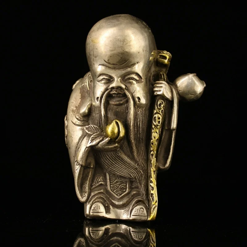 

5" Chinese Antique Bronze Handmade Silver Plated Gold Longevity Star Statue