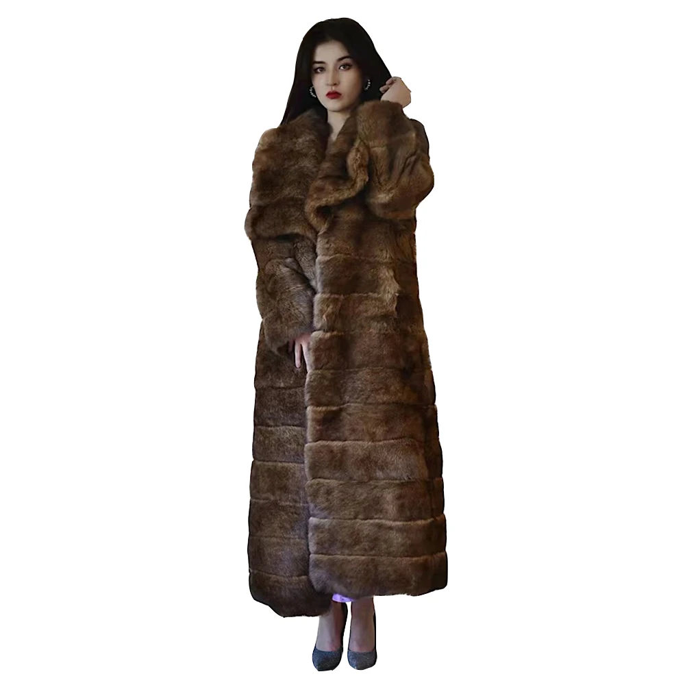 Genuine Rex Rabbit Fur Coat Winter Women Natural Rabbit Fur Jacket X-long Full Sleeve Turn-down Collar Chinchilla Thick Warm