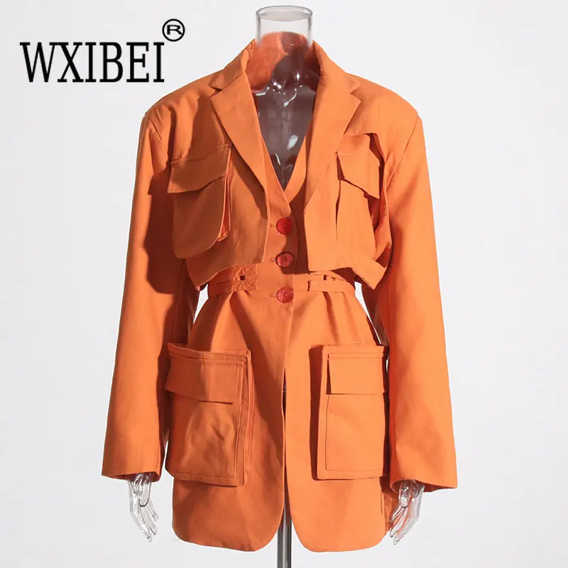 WXIBEI Korean Street Workwear Blazer Coat Women 2022 Autumn Winter New Loose Lace-up Single Breasted Fashion Female Jacket FC376
