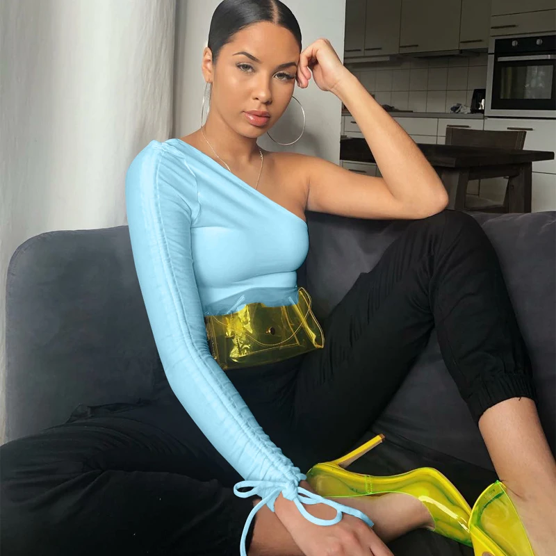 

HOTCY French Style Elegant Woman One Shoulder Long Sleeve Casual Solid Color Slash Neck Sexy Crop Top