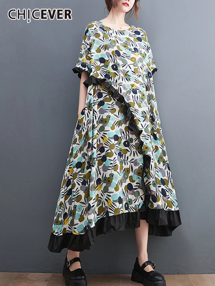

CHICEVER Summer Print Colorblock Dress For Women Round Neck Short Sleeve Patchwork Ruffle Trim Loose Long Dresses Female Clothes