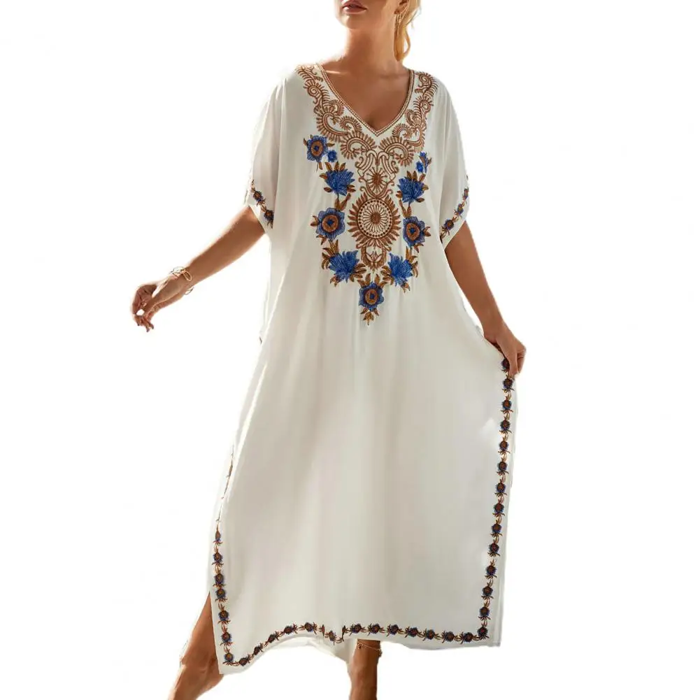 

Popular Long Dress Batwing Sleeves Breathable Embroidery Print Thin Holiday Maxi Dress Cool Cover Up Dress Beachwear