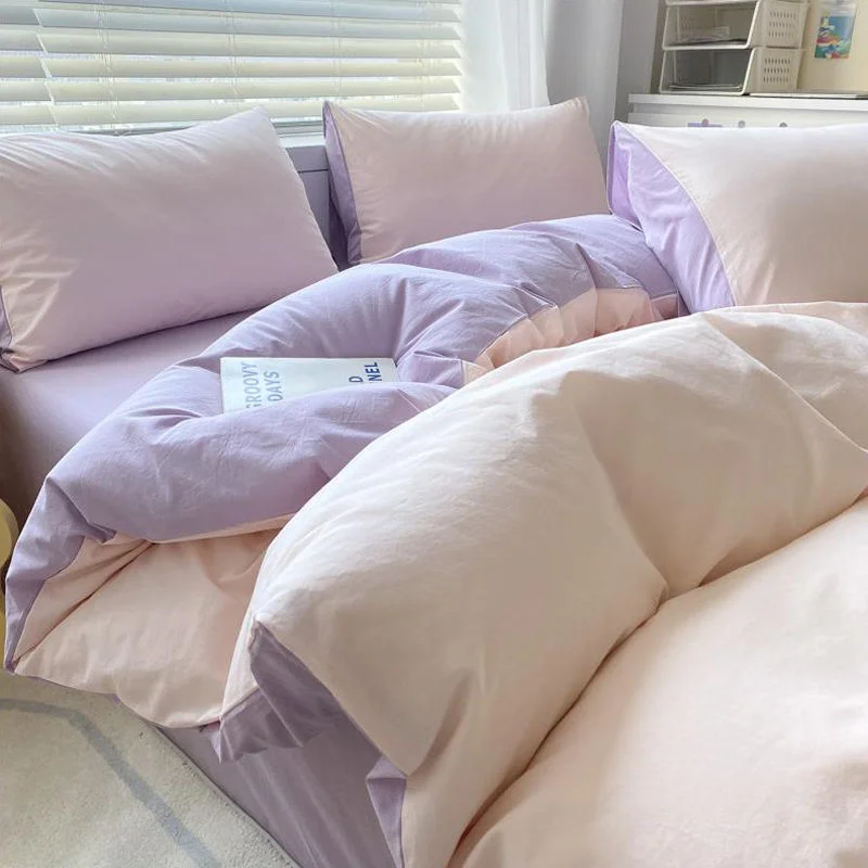 

Комплект постельного белья Ins однотонный фиолетовый, двуспальный комплект постельного белья, Королевский размер, для девушек и взрослых, с цветочным принтом, наволочка, кремовый стиль