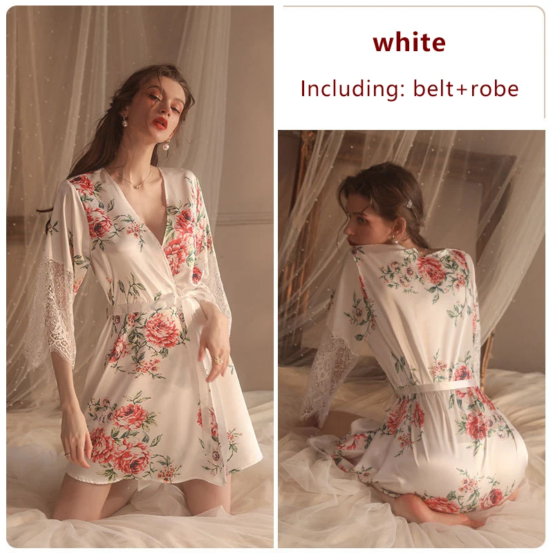 Sexy Women's Night-robe Printed Lace Up Robe Loose Cardigan Nightdress Women's Home Wear Set Transparent Lace Sleeves Pajamas