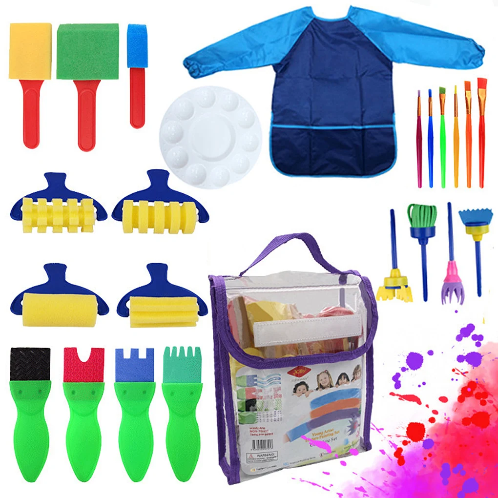 

24 Pcs/set Kids Sponge Painting Graffiti Brushes DIY Roller Stamp Apron Palette Kit Preschool Early Learning Toys