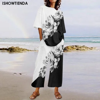 Women Casual Short Sleeve Outfit 2023 Summer Fashion Flower Printed O Neck Pocket Suit Female T Shirt Top Pants Two Pieces Set 1