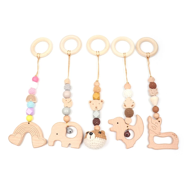 

5 Pcs Baby Gym Frame Pendants Stroller Rattle Wooden Ring Beads Teether Hanging Mobile Bed Bell Infants Newborn Nursing