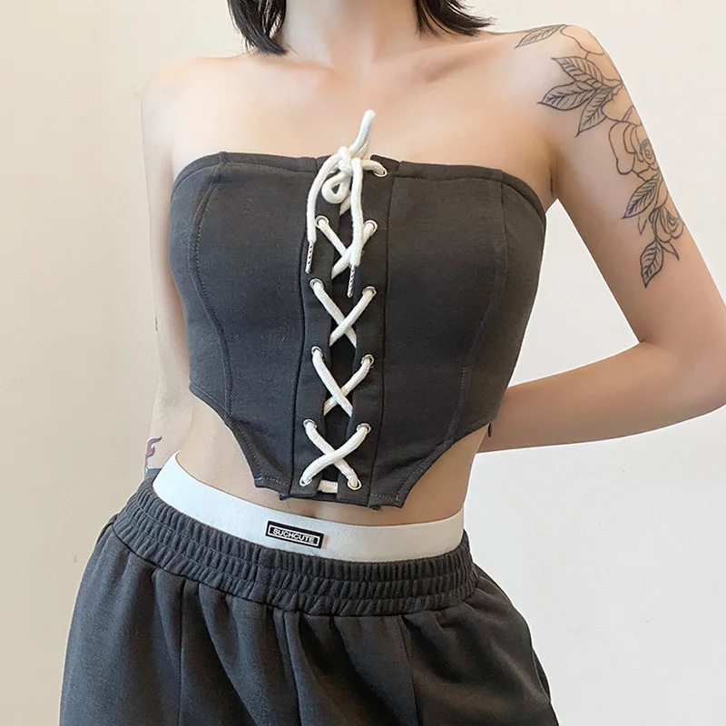 

Ladies 2022 New Irregular Strap Solid Color One-word Collar Wrapped Chest Sexy Backless Waist Short Vest