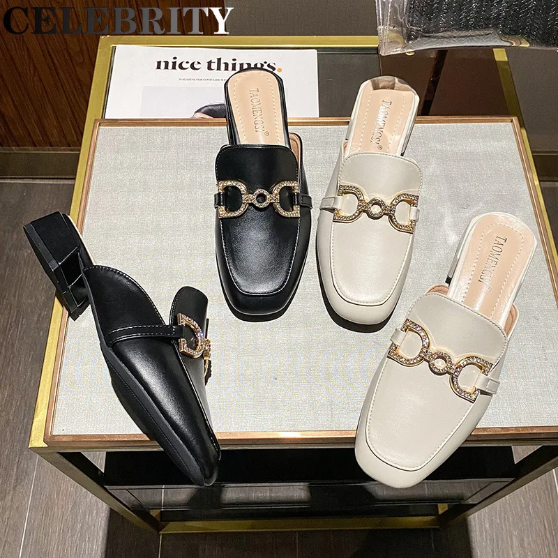 

Summer low-heeled square toe Muller shoes for women Fashion metal design flat heel slippers for girls size 41-43 Free shipping