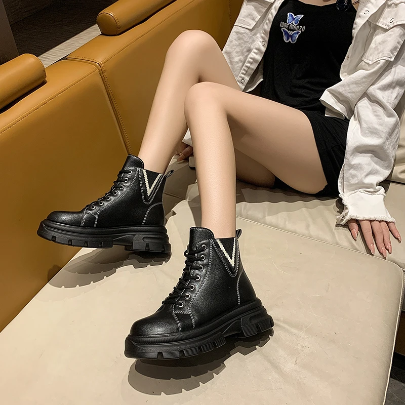Women's flat women's shoes autumn and winter 2022 new casual white lace-up fashion vulcanized leather women's boots nude boots