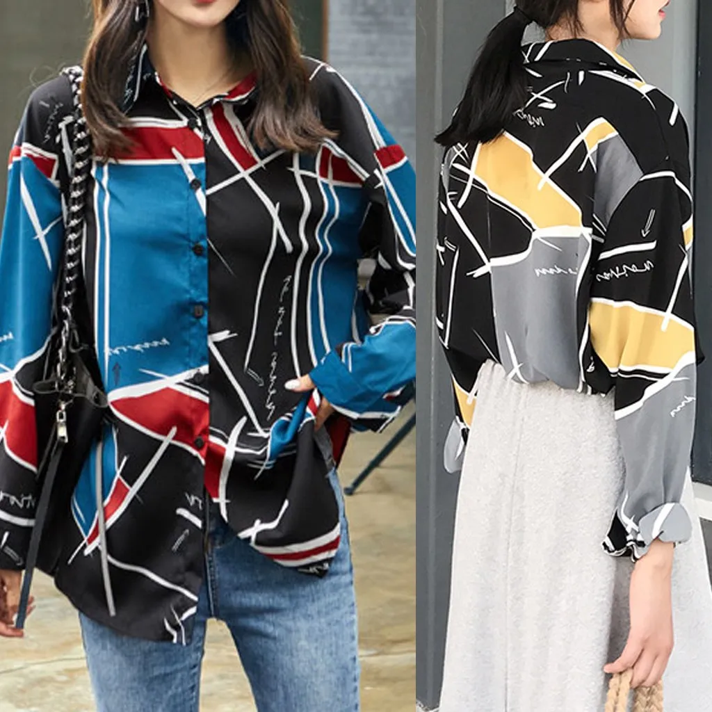 

Fashion Women Top Button Lapel Shirt Color Patchwork Long Sleeve Loose Blouse Casual Tees Women Tourist Long Sleeve Shirt