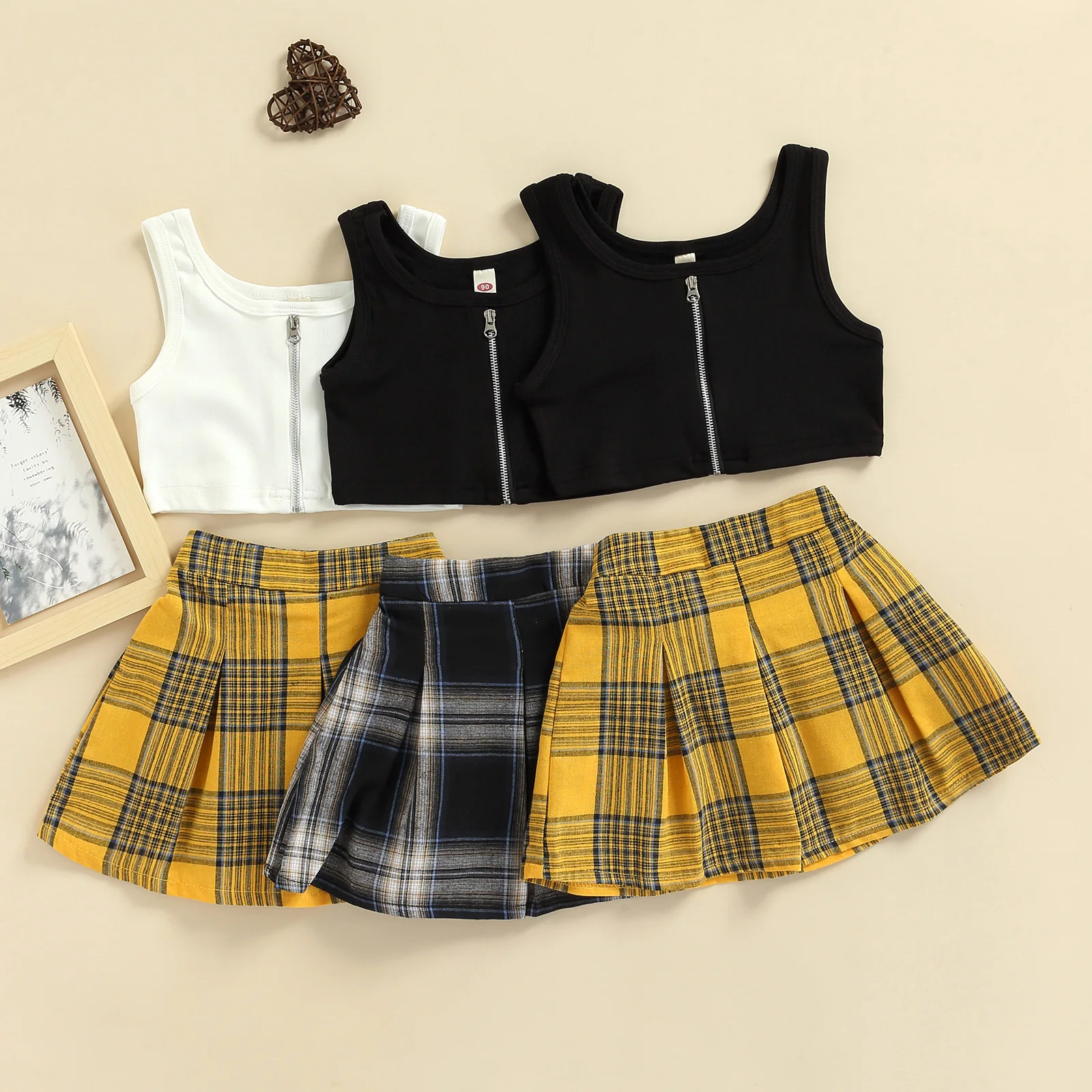 

Модный комплект с юбкой для маленькой девочки, с круглым вырезом, без рукавов, на молнии, однотонный жилет, топы, клетчатая мини-юбка для лета...