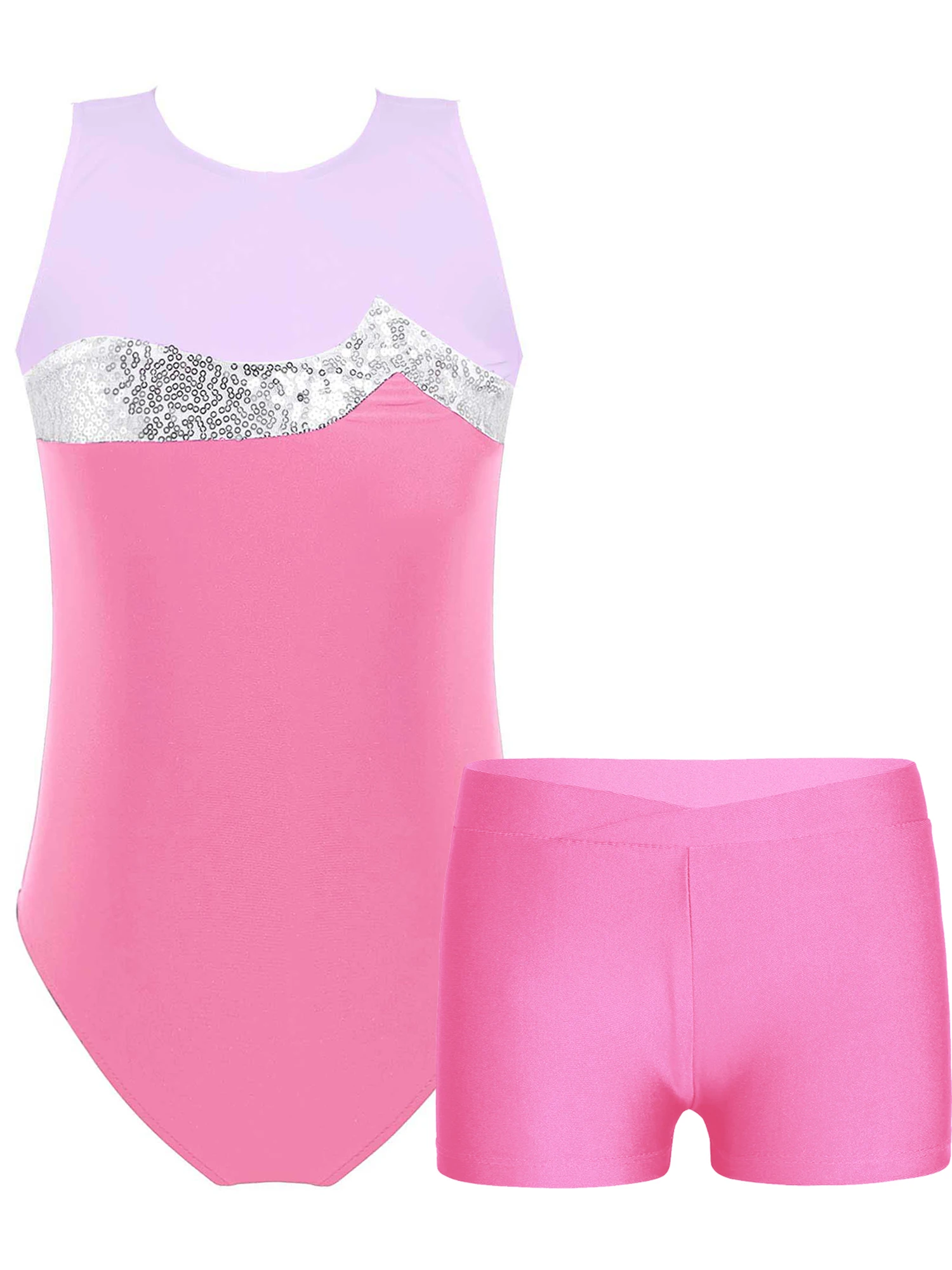 Kids Girls Sleeveless Shiny Sequins Gymnastics Leotard with V-front Waistband Shorts Dance Sports Workout Ballet Outfit