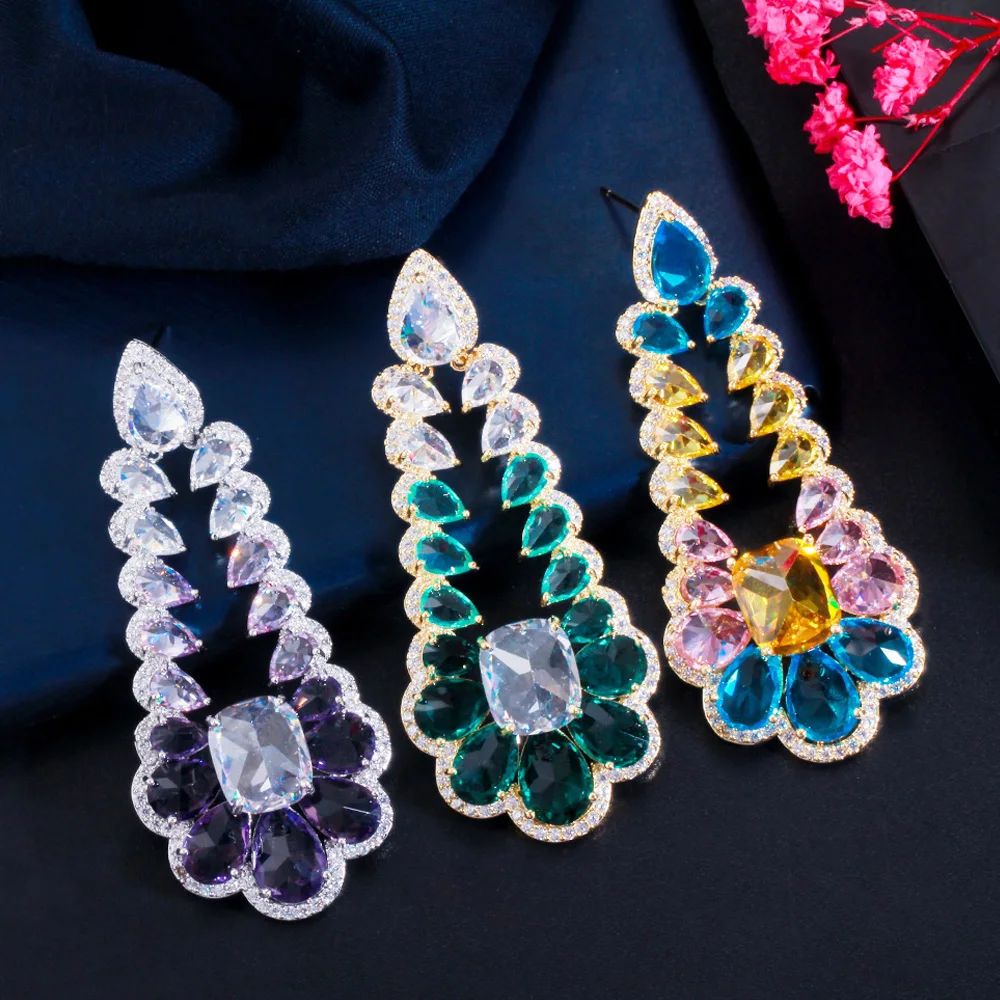 

ThreeGraces Personality Green Purple Cubic Zirconia Long Dangle Drop Earrings for Women New Trendy Summer Party Jewelry E1125