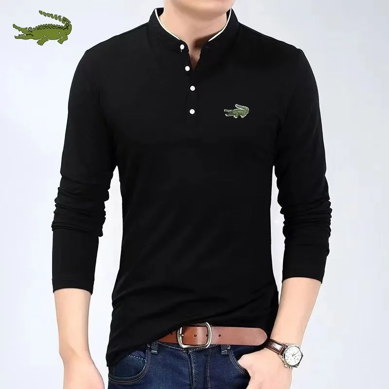 

New Men's Solid Color Polo Shirt Standing Neck Long Sleeve Fashion Spring and Autumn Thin Shirt Casual Loose Top T-shirt