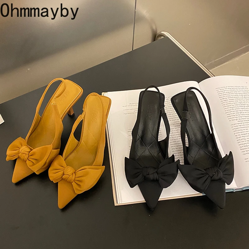 

2022 Summer New Brand Pointed Toe Slingback Shoes Thin High Heel Shallow Slip On Ladies Elegant Bowtie Sandals