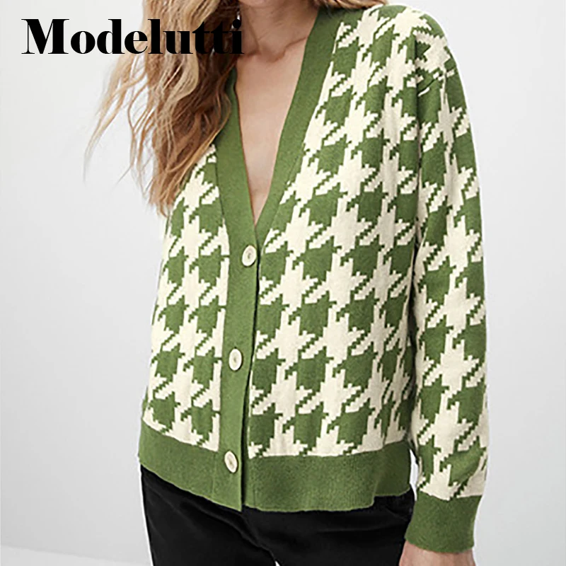 

Modelutti 2022 Spring Autumn Fashion Houndstooth Pattern Jacquard Knitted Sweater Single-breasted Cardigans Simple Casual Women
