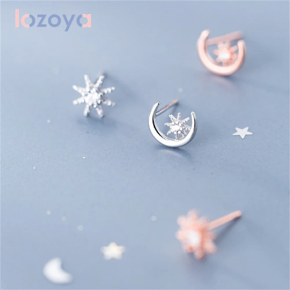 

Lozoya серьги-гвоздики из стерлингового серебра 925 пробы, асимметричное солнце, изогнутая луна, Ohrringe 2022, роскошные женские серьги с цирконием